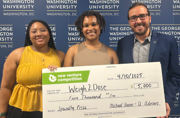 Paprika Berry, Jada Convington, and Pedro Gazzinelli holding a presentation check for an award of $5,000 for their innovative project, Weigh2Dose.